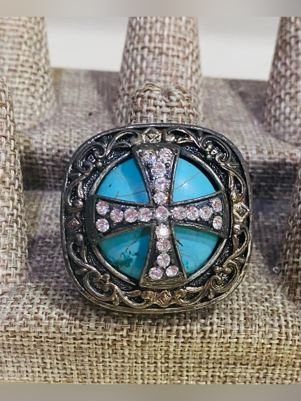 Turquoise Cross Statement Ring – Adjustable